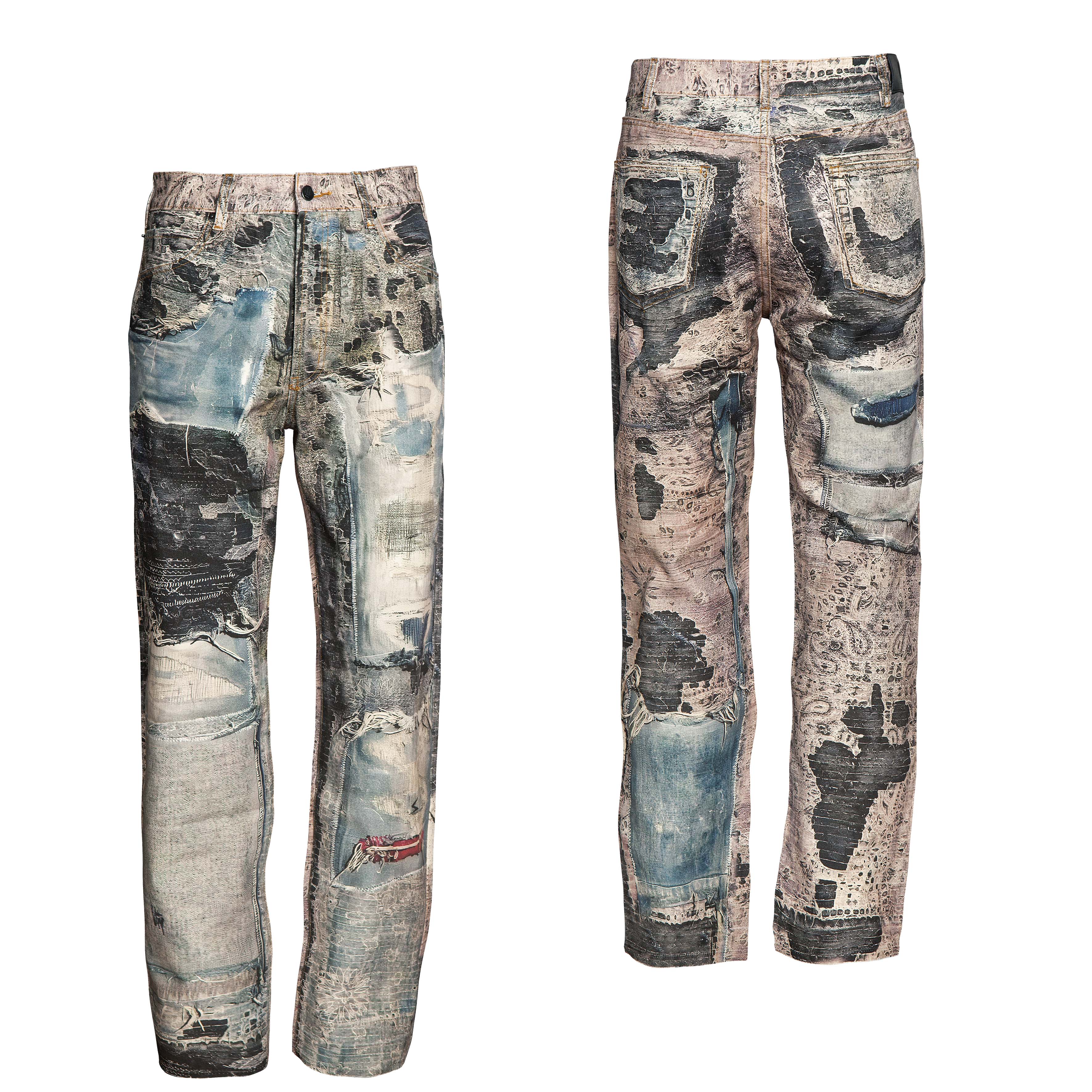 数码打印美式大破坏直筒牛仔长裤