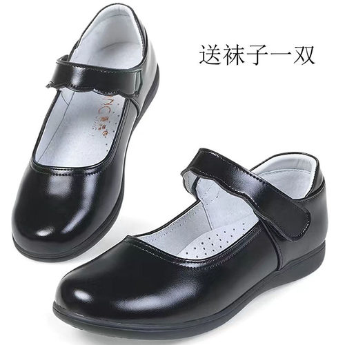 礼服鞋女真皮黑色圆头软底搭扣子