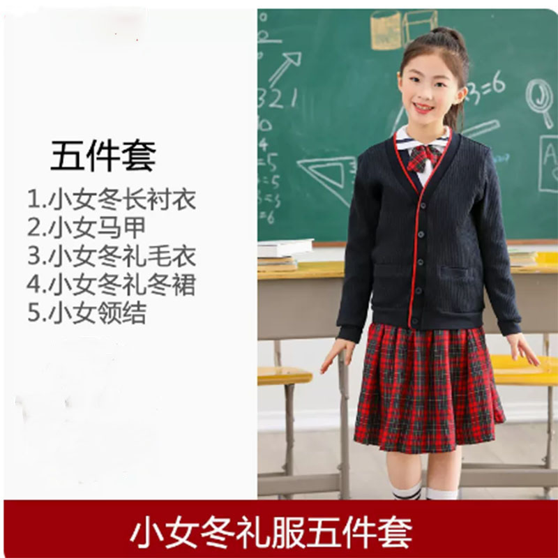 深圳校服正品莎臣豹小学女生冬季礼服套装格子裙毛衣马夹衬衣领花