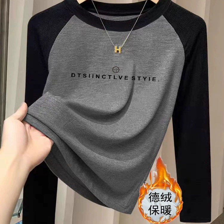 2025新款德绒小众撞色圆领正肩长袖t恤女时尚百搭加厚磨毛打底衫,女装/女士精品,羊绒衫,淘宝优惠券,粉丝福利购,淘宝优惠卷