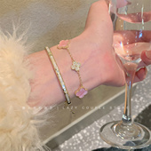 温柔欧尼～粉色四叶花锆石手链女小众轻奢贝母手镯精致叠戴手饰潮