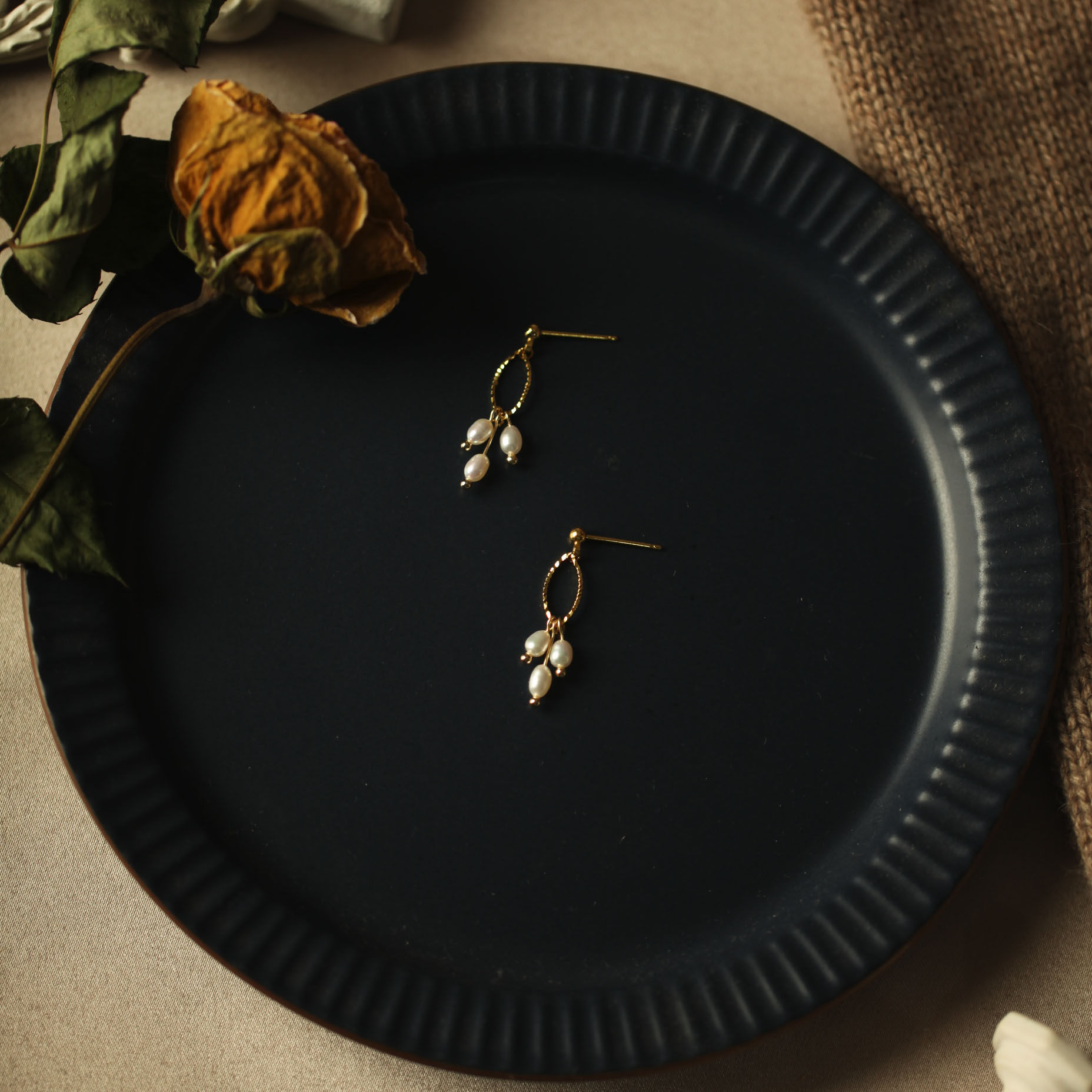 花宿设计 如梦~天然珍珠少女气质耳环耳线14k包金耳夹原创手作