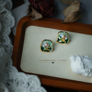 花宿studio青烟~高质感设计天然珍珠925银针耳环手工画油宫廷复古