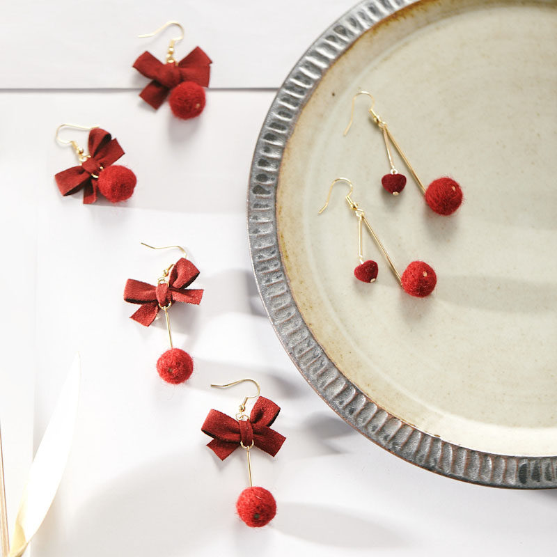 花宿 复古酒红色时髦新年圣诞耳环个性少女蝴蝶结毛球耳夹百搭,饰品/流行首饰/时尚饰品新,耳环,淘宝优惠券,粉丝福利购,淘宝优惠卷