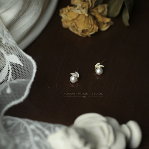 花宿studio 叶箐~小巧精致天然珍珠闪亮s925银针耳钉甜美时尚