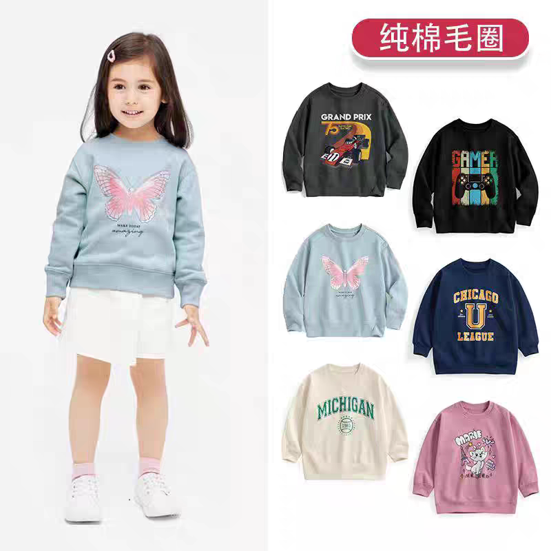 日系男女童装秋冬毛圈套头卡通卫卫衣/绒衫