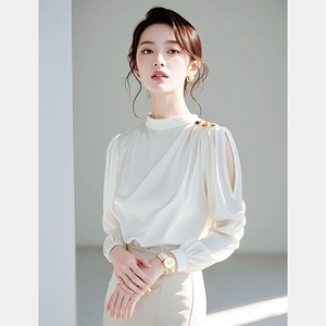 奥特莱斯专柜正品清仓女装遮肚白色长袖衬衫女秋别致小衫气质上衣
