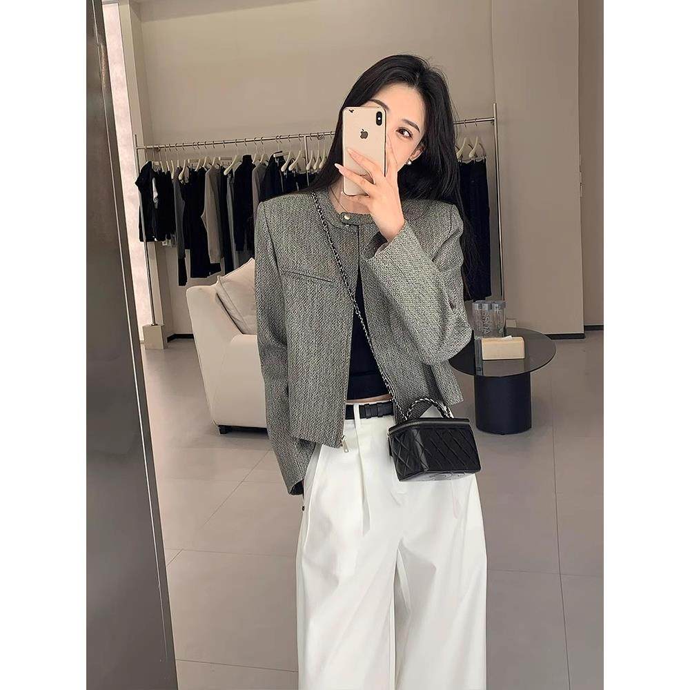 灰色短款拉链西装外套女夹克上衣