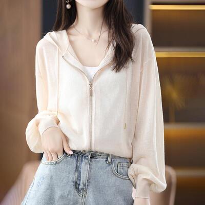 连帽冰丝拉链针织罩衫泡泡袖防晒