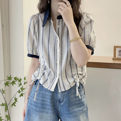 竖条纹翻领短袖衬衫女夏装
