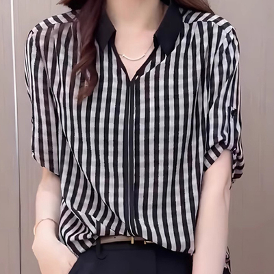 夏季撞色条纹设计感短袖衬衫女
