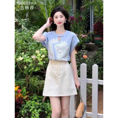 镂空印花连肩袖上衣夏季T恤