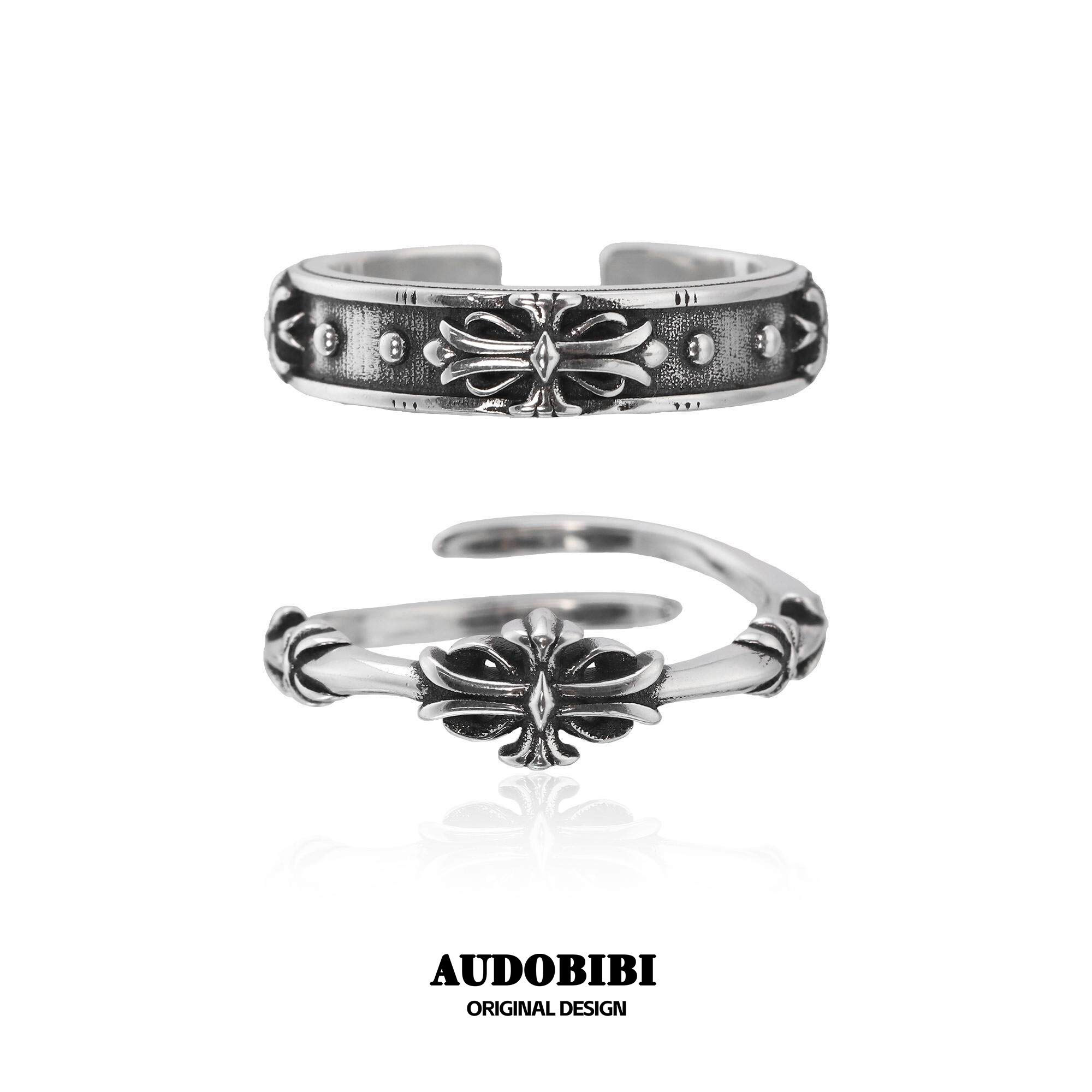 原创纯银鸢尾花戒指高级感复古开口戒男女冷淡风小众设计情侣对戒