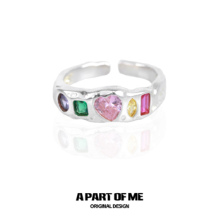 指环ins风 纯银彩虹锆石爱心戒指开口小众设计不掉色甜酷个性