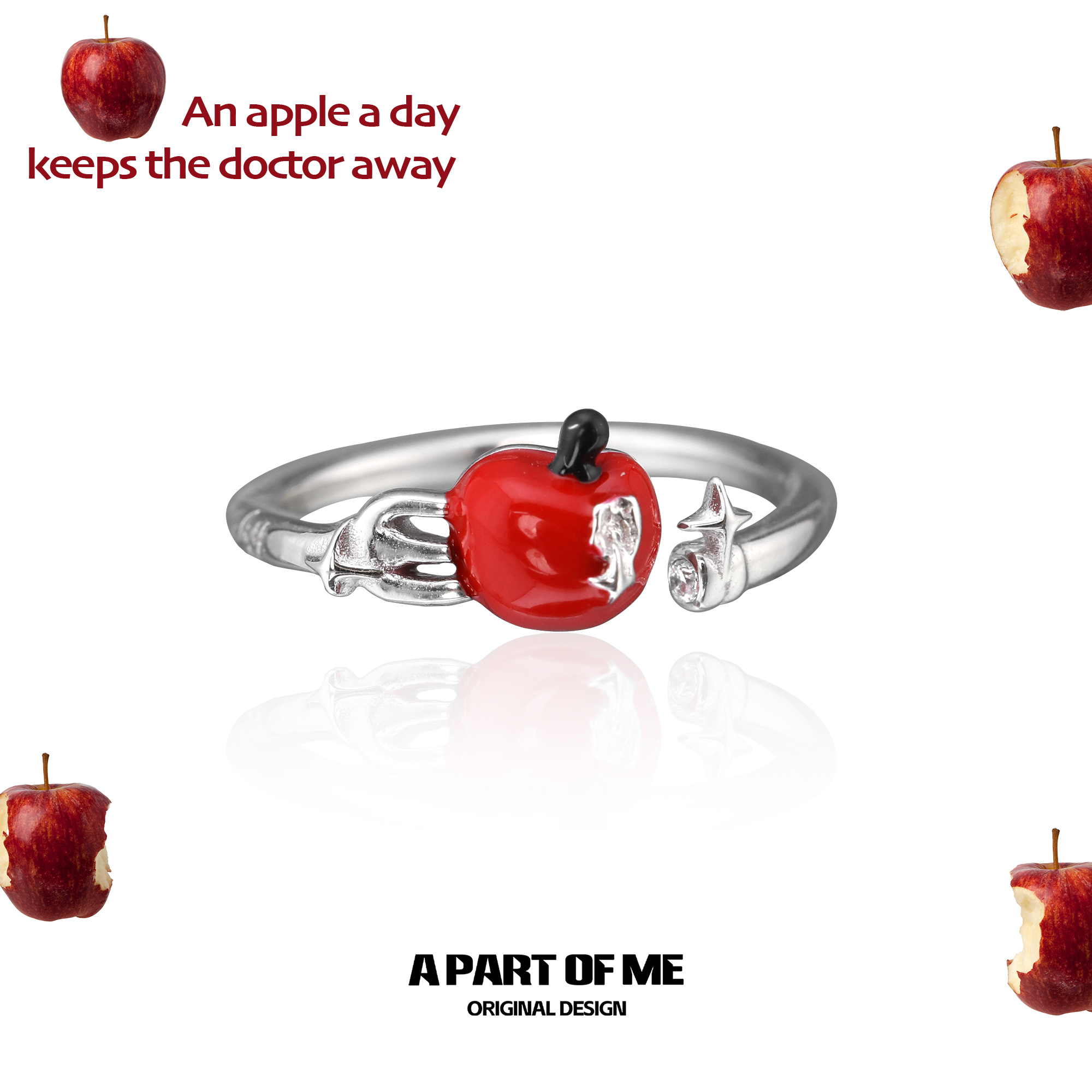 咬一口苹果戒指925纯银不掉色原创小众设计开口可调可爱甜酷指环