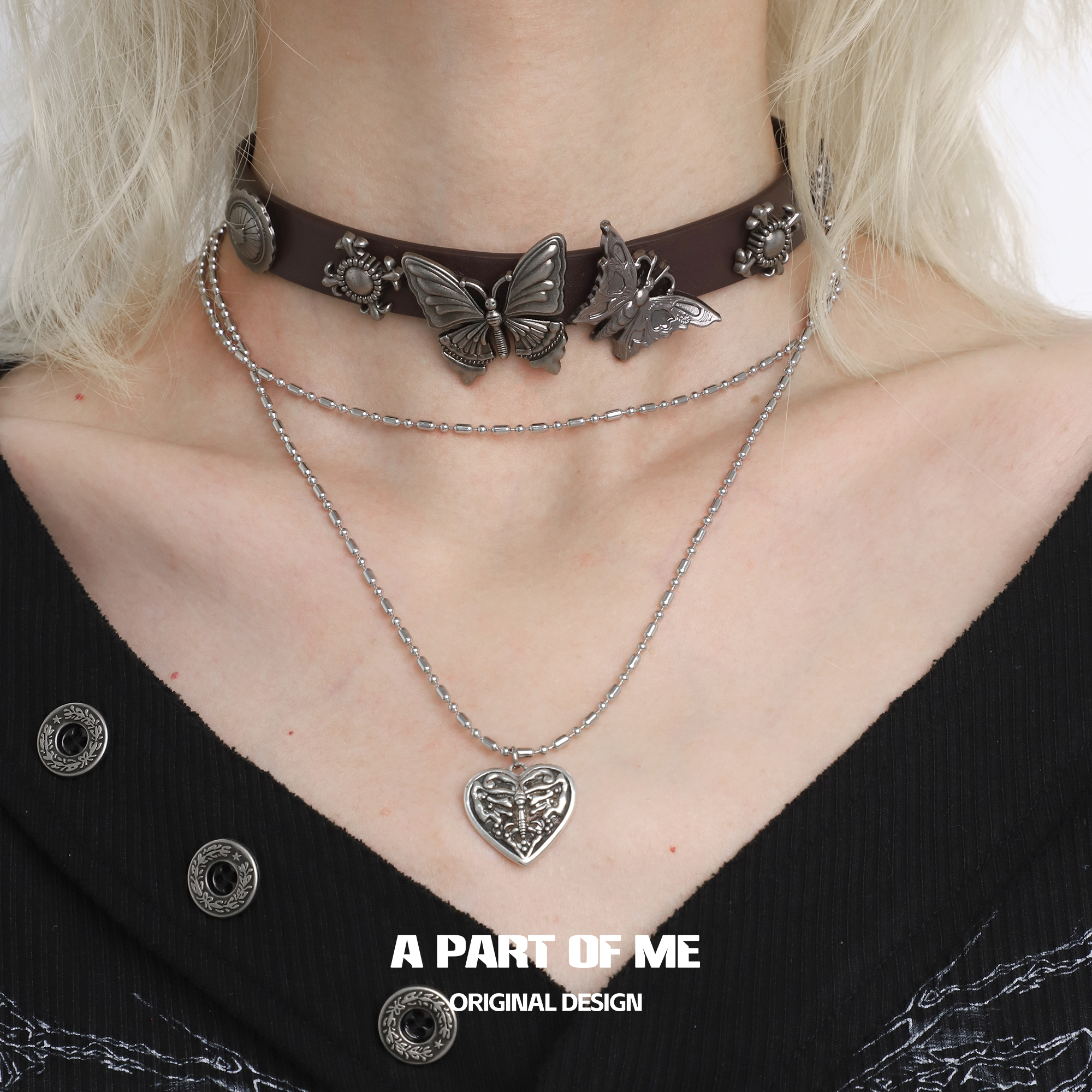 蛊蝶 小众原创高级复古银色蝴蝶皮项圈叠戴双层项链美拉德chocker