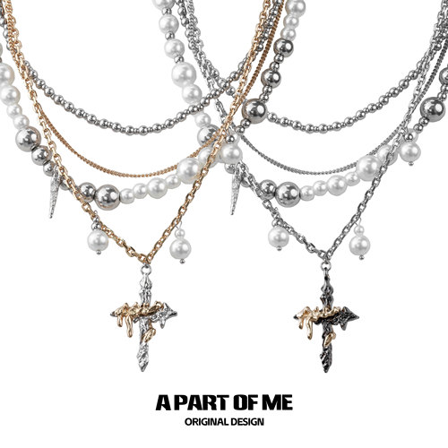 美式珍珠项链十字架多层毛衣链