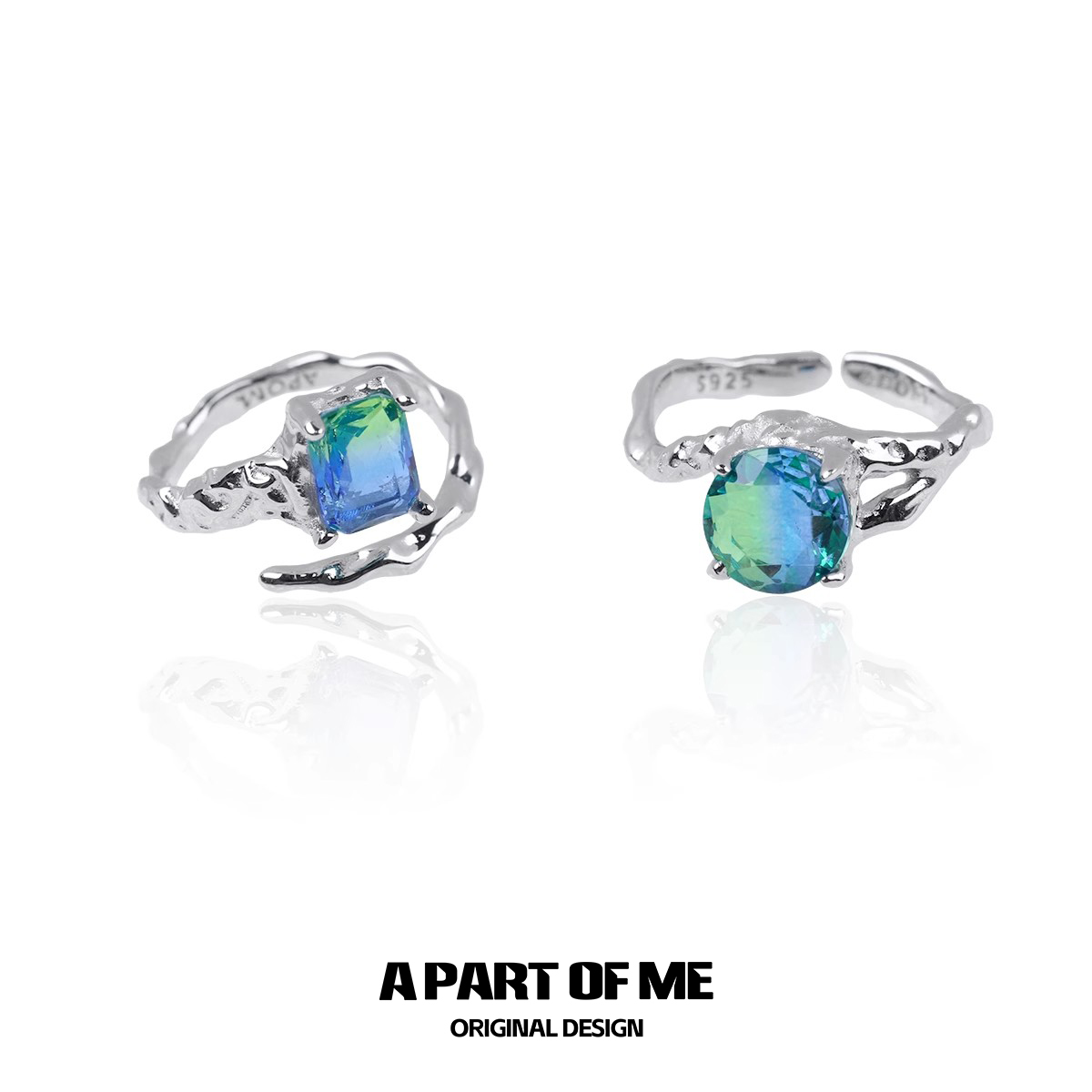 纯银小众渐变黄绿色戒指异形