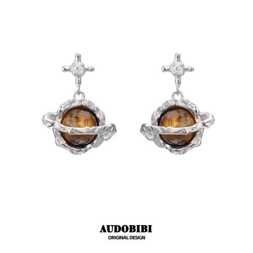 AUDOBIBI小众925纯银土星小耳环养耳洞防过敏虎眼石耳钉甜酷耳饰