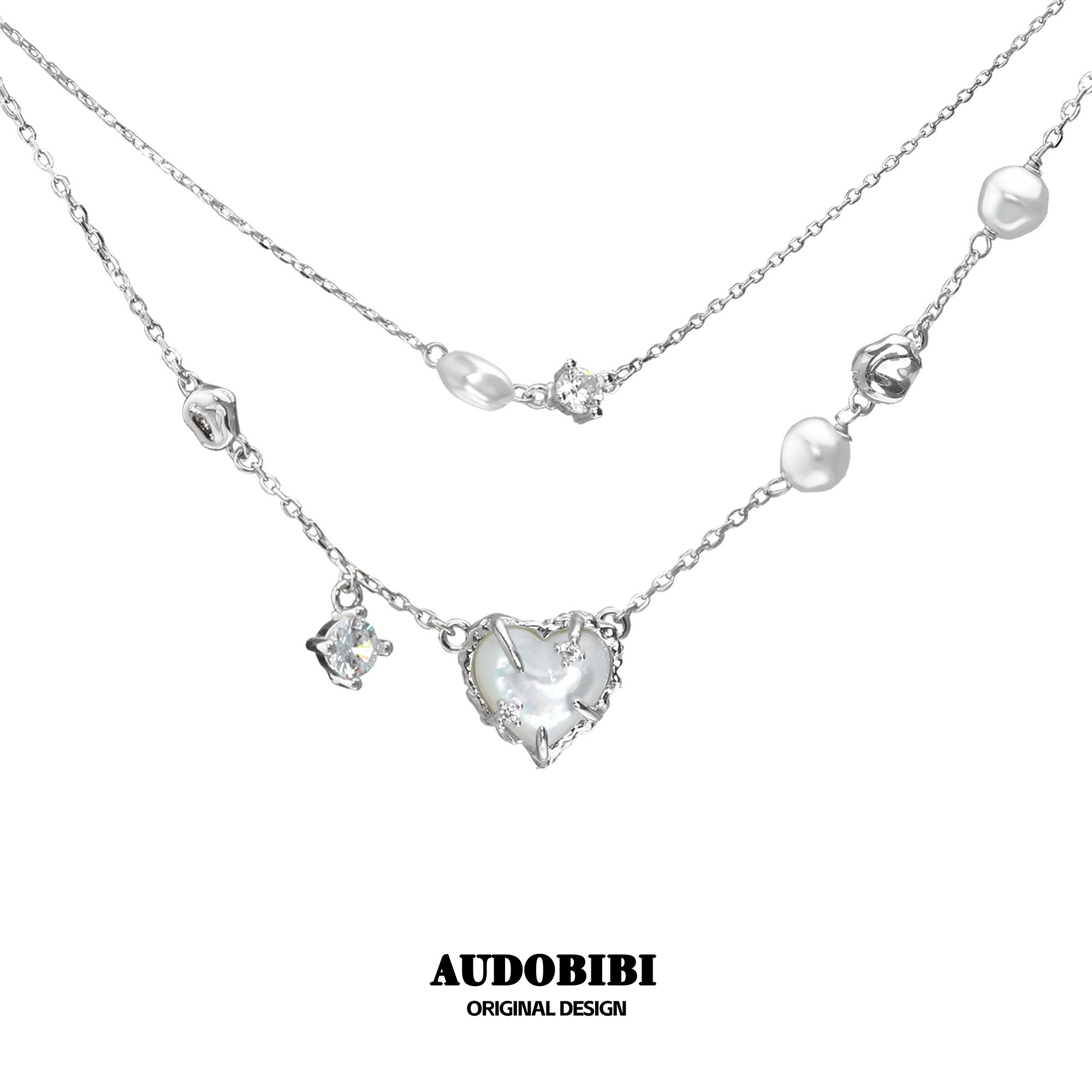 小众925纯银白蝶贝爱心双层项链女镶钻不掉色简约高级冷淡锁骨链