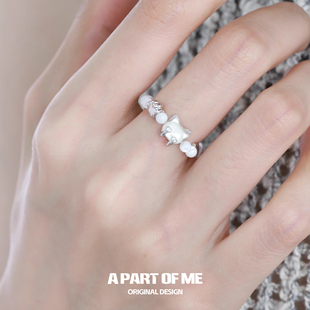 串珠戒指女原创小众设计贝壳猫咪指环冷淡风高级感纯银食指戒