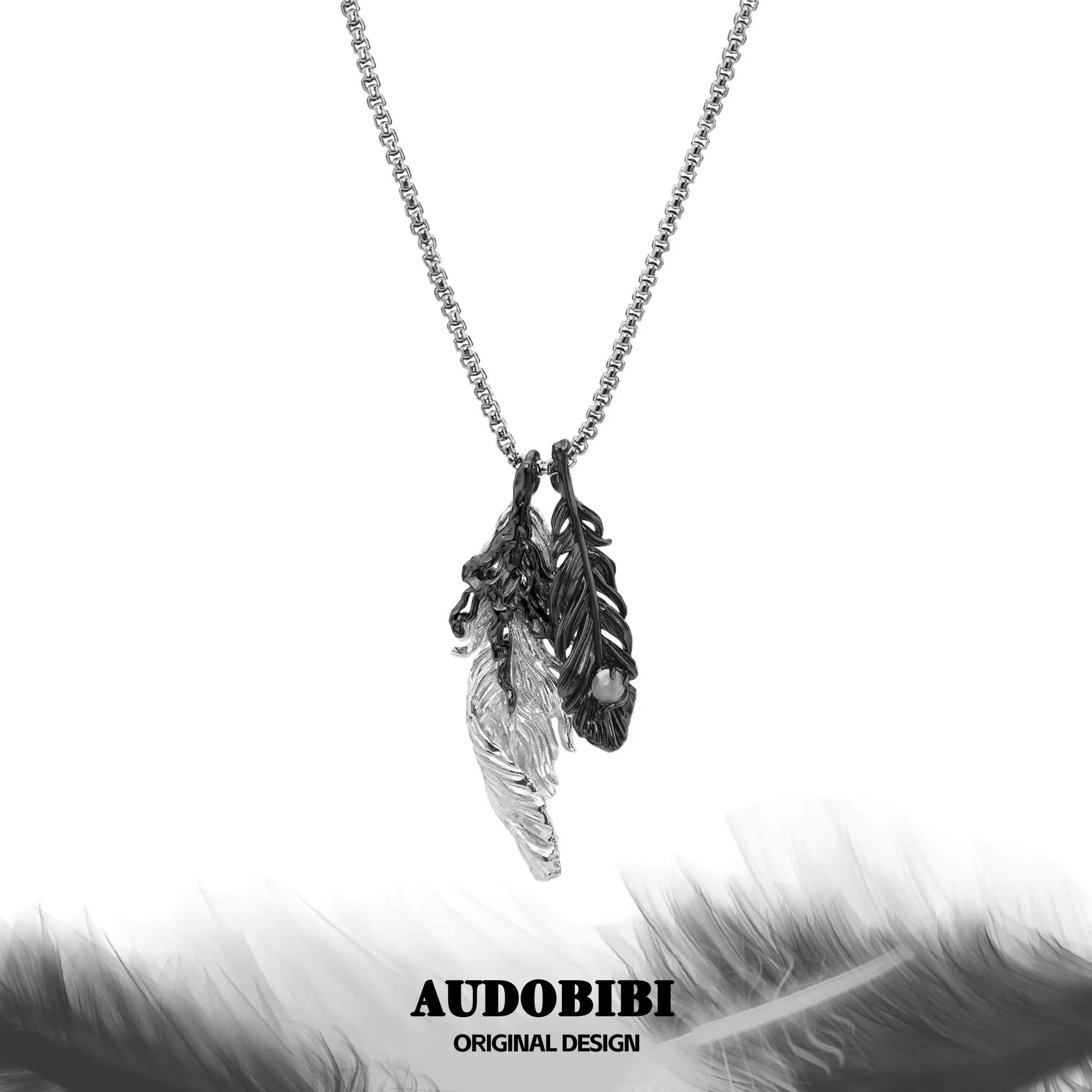 可DIY拆卸 原创小众黑白羽毛吊坠叠戴项链暗黑毛衣链秋冬新款男女
