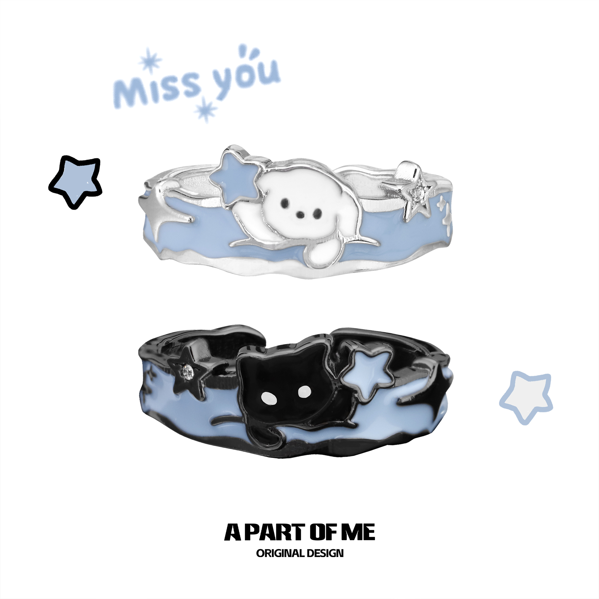 雪中摘星的小猫小狗原创925纯银戒指情侣对戒