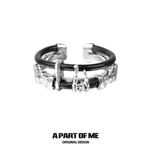 暗物质纯银双层戒指不掉色黑色皮革暗黑肌理感小众高级食指戒