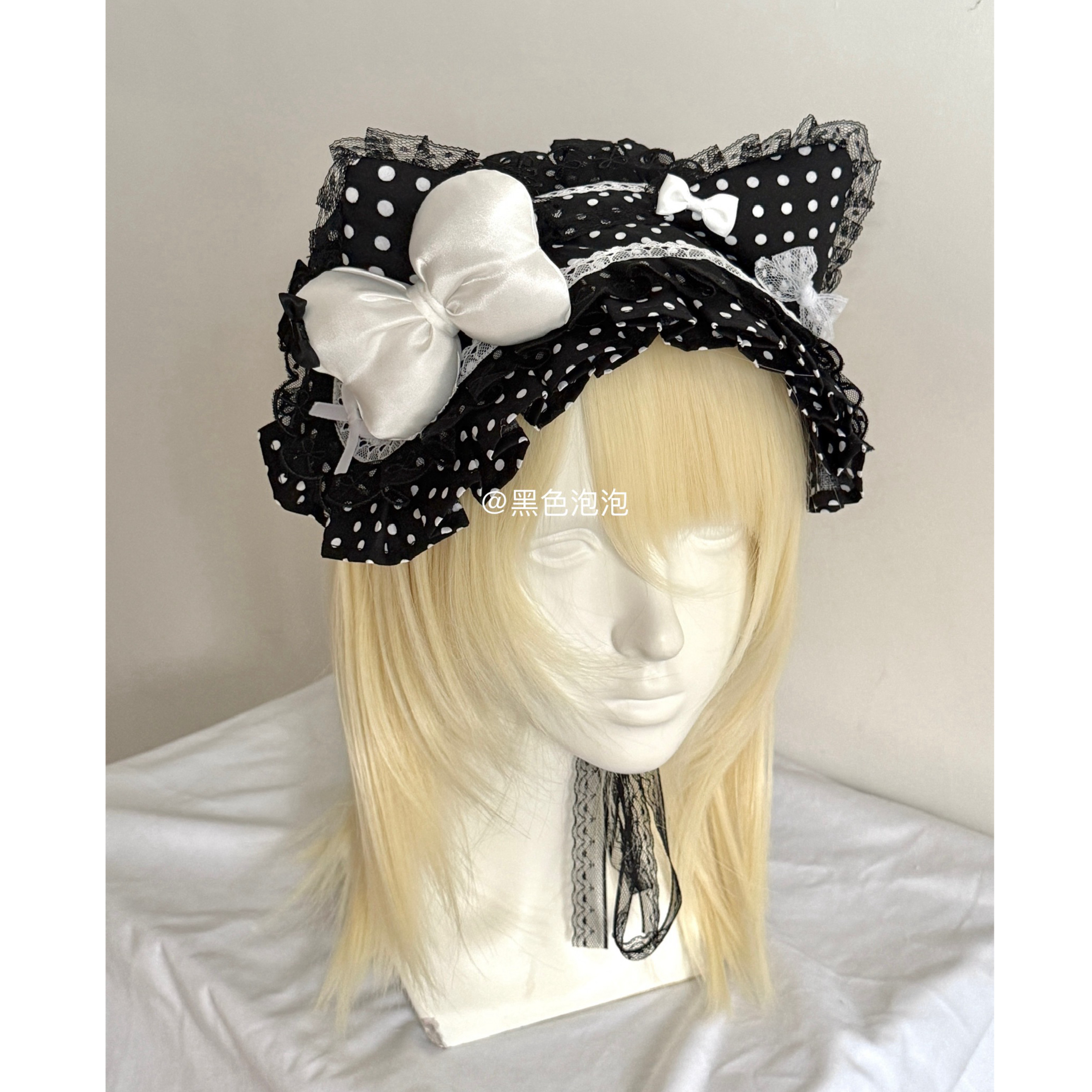 thumbnail for Black bubble & original handmade Lolita black polka dot cat ear headband headgear subculture accessory lace