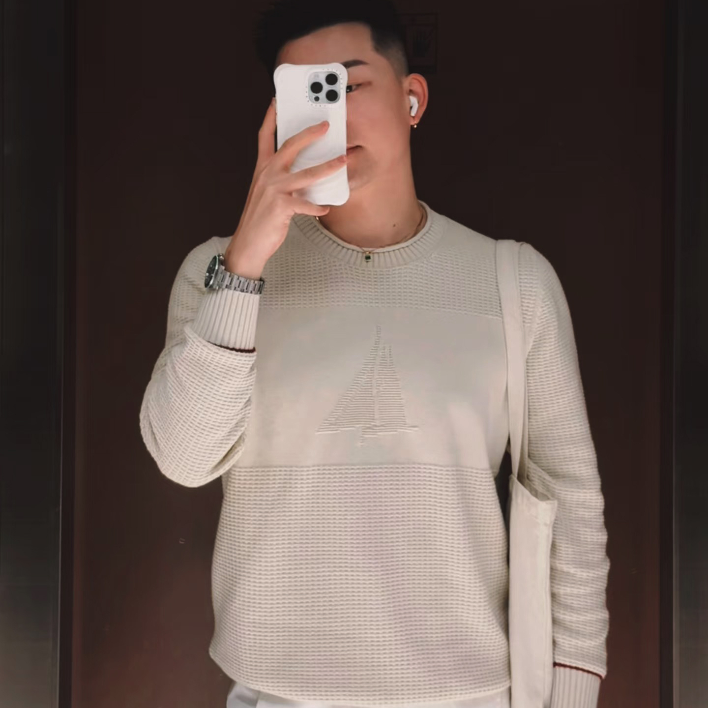 华夫格坑条纹理卷边领针织衫毛衣