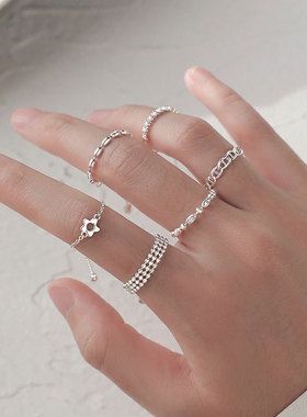 S925纯银多款花朵猪鼻子米粒抽拉戒指小众设计可调节食指戒女