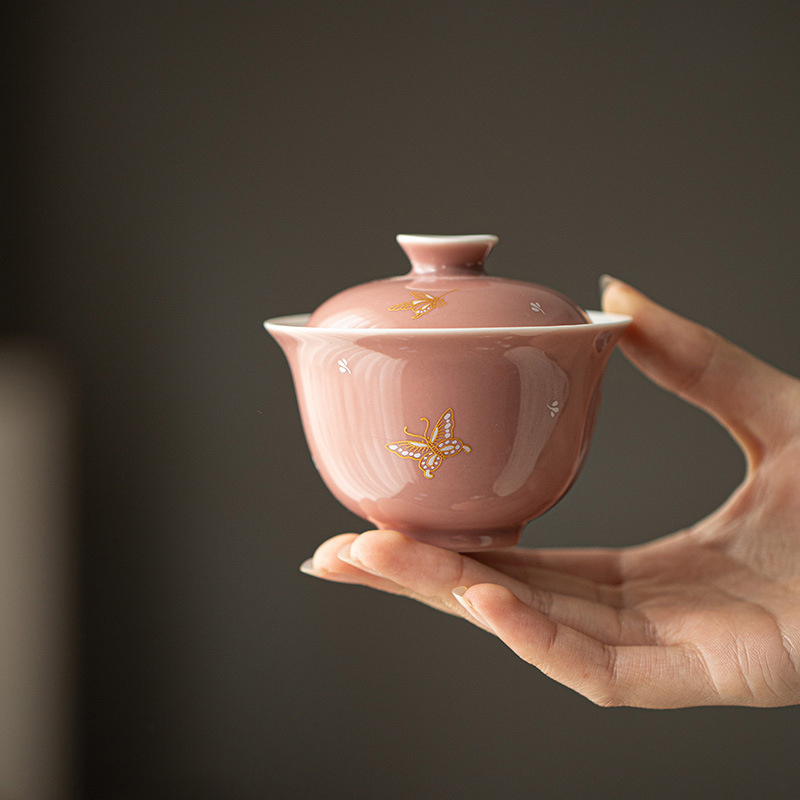 禾山居新品粉色盖碗蝶恋花釉上彩家用功夫茶小泡茶碗130ml瓷茶杯