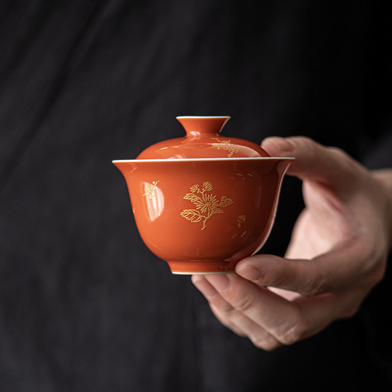 小号单盖碗矾红釉仿古烫金茶杯品茗杯陶瓷防烫拟古茶碗8克茶容量