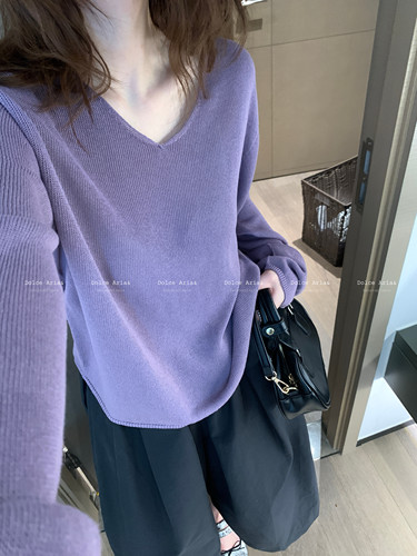 仿和纸纱凉感镂空V领针织衫
