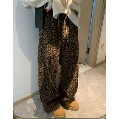 [香蕉派派]张元英同款豹纹加绒卫裤女2026新款宽松显瘦直筒阔腿裤