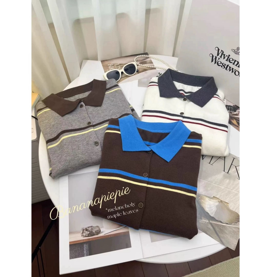 [香蕉派派]撞色条纹polo领针织开衫女春秋新款韩系小个子短款上衣