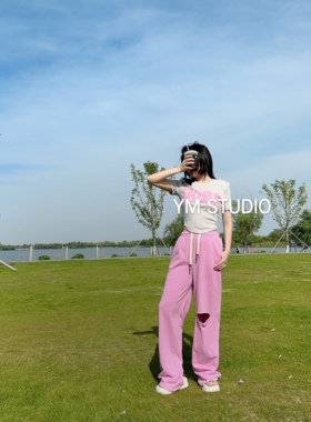 YM原创小众两件套辣妹纯欲风休闲彩色紧身短上衣破洞阔腿裤2023女