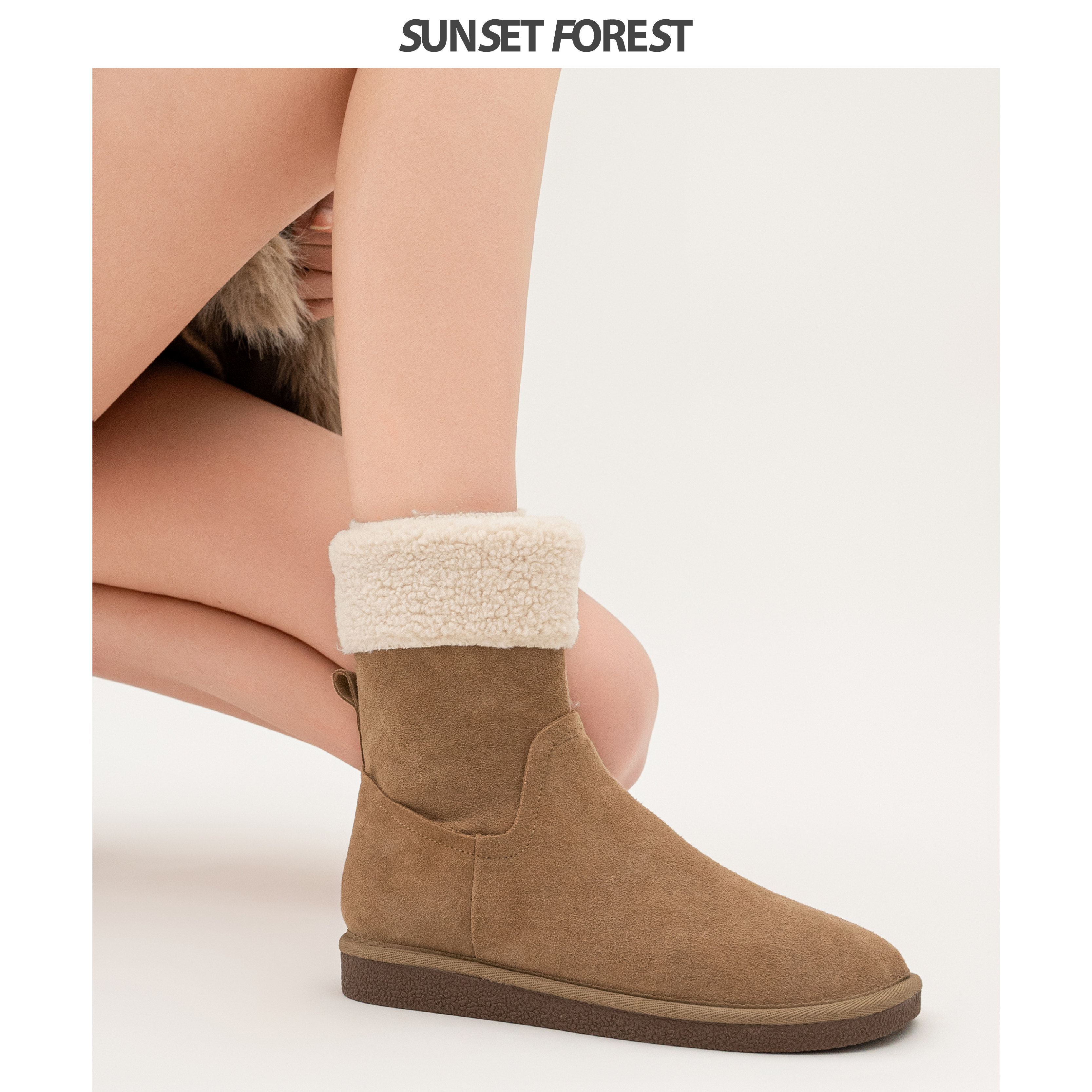 落日森林小暖炉真皮雪地靴女冬季新款羊羔毛中筒靴子加绒加厚棉鞋