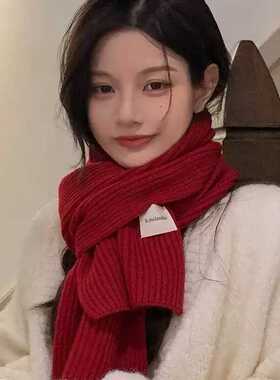 韩系百搭毛线围巾女冬季2026新款小巧学生加厚绿色保暖针织小围脖