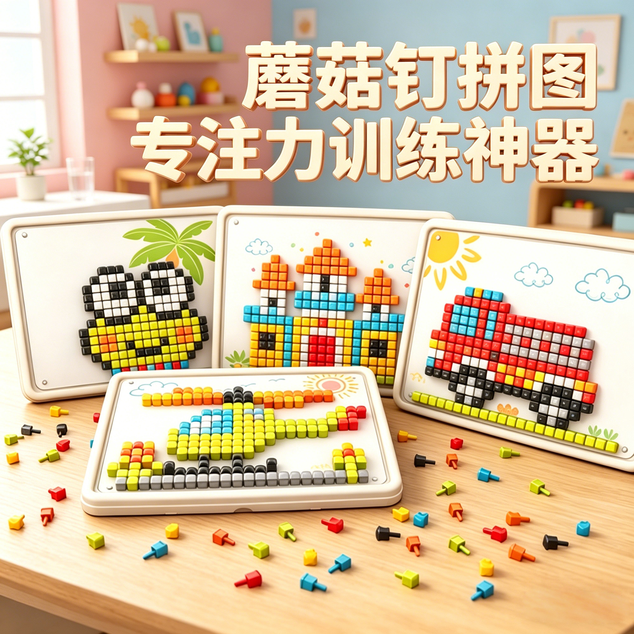 立体插插乐蘑菇钉益智玩具1-3岁大颗粒拼图DIY拼装专注力训练礼物