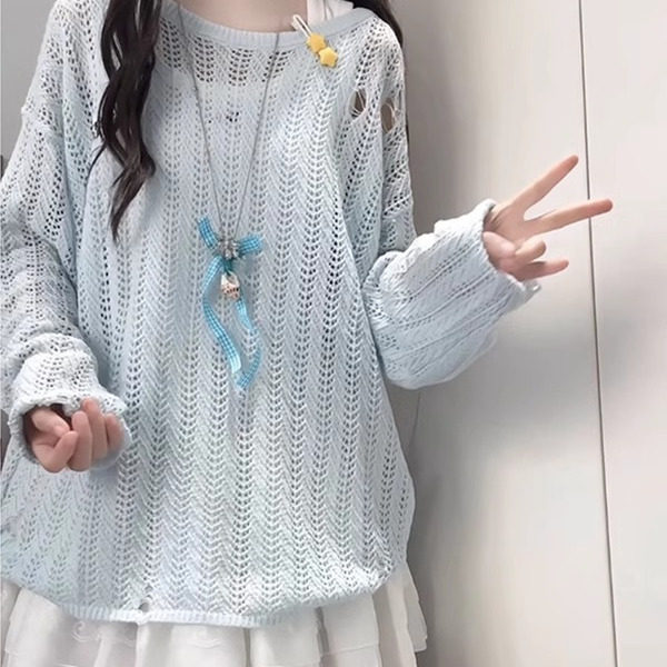 慵懒风蓝色网格镂空防晒罩衫女夏吊带外搭薄纱针织空调衫破洞上衣