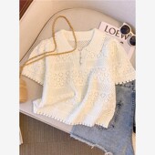 上衣 女甜美宽松POLO领T恤小清新薄款 夏季 独特别致镂空钩花针织衫