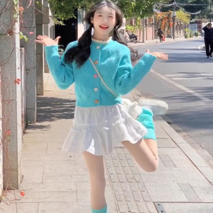 一整套新款穿搭甜美风套装韩里韩气蓝色针织开衫a字短裙两件套裙