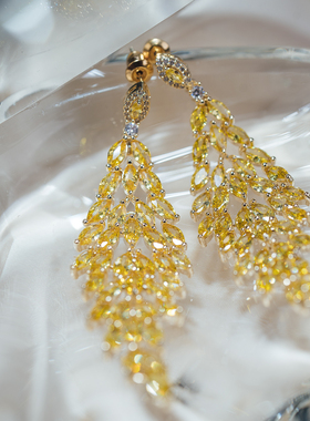 欧美重工金黄色满钻锆石超闪长款流苏耳环轻奢高级感气质礼服耳坠