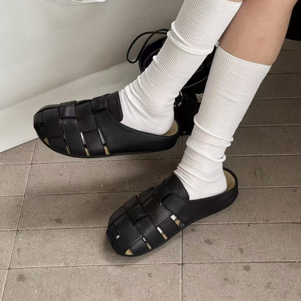 诗歌兰包头半拖鞋女2025夏季新款真皮百搭时尚复古休闲平底凉拖鞋