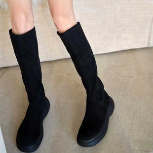 欧洲站2025秋冬新款真皮圆头厚底松糕弹力靴女高筒长靴瘦腿过膝靴