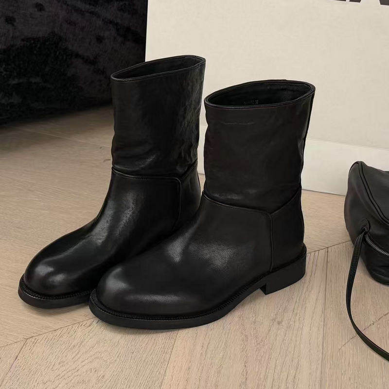 诗歌兰中筒靴女2025秋季新款真皮百搭时尚圆头复古机车显瘦时装靴,女鞋,时装靴,淘宝优惠券,粉丝福利购,淘宝优惠卷