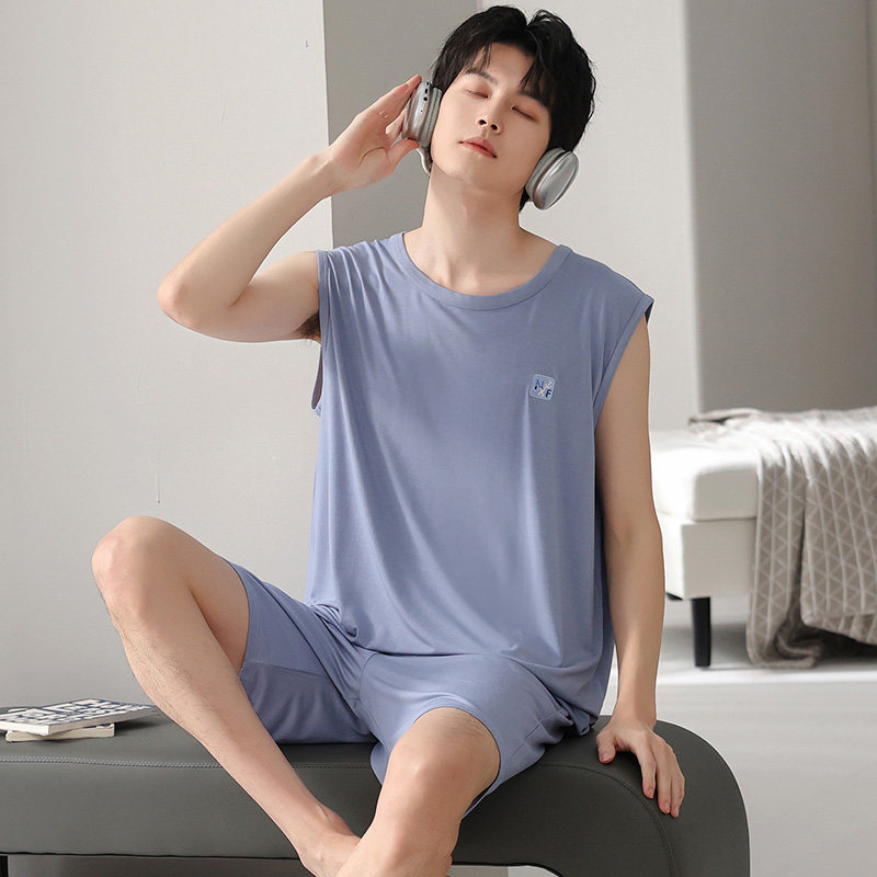 凉感莫代尔睡衣男士夏季薄款背心短裤可外穿家居服加大码冰丝套装