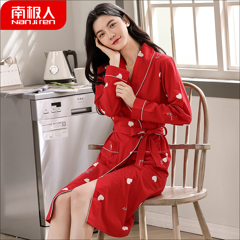南极人睡袍女纯棉长袖浴衣春秋季大码宽松中长款过膝睡衣秋冬浴袍