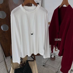 one12262白色长袖 T恤女25秋冬简约百搭立领花边设计感上衣打底衫